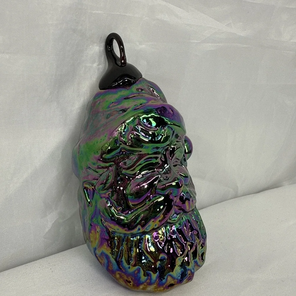 Iridescent Carnival Glass Santa Claus Head Christmas Ornament Heavy 4.5